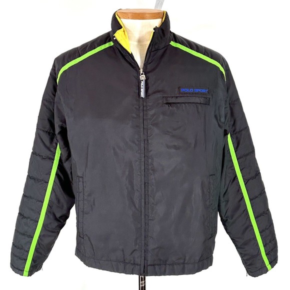 Vtg Polo Sport Coat Jacket Ralph Lauren Black Nylon Mens M Green Strip Logo Warm - Picture 1 of 11